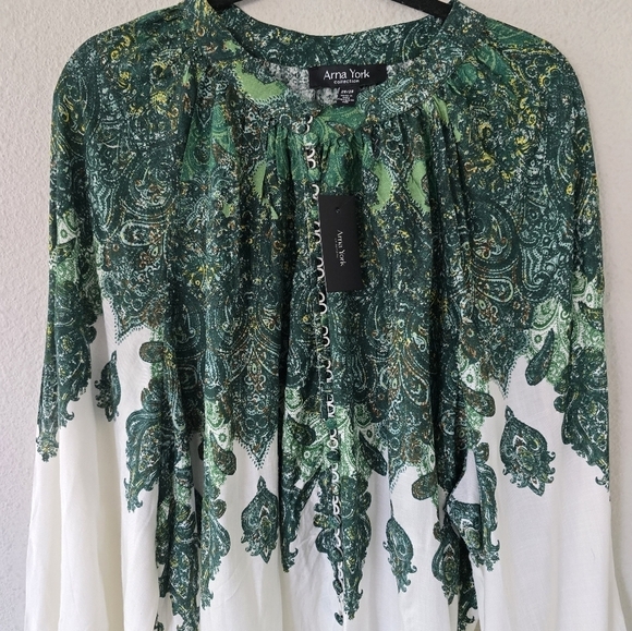 Arna York Collection Dress Womens Plus 26/28 Green White Button Up Paisley - Picture 15 of 16